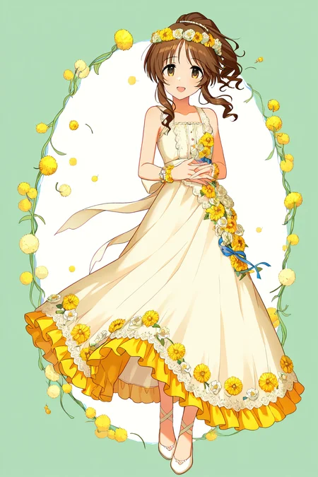 masterpiece,best quality,very aesthetic,absurdres,highres,newest,official art,official style,
1girl,solo,
takamori aiko,brown eyes,brown hair,long hair,sidelocks,
back bow,bangs,bare shoulders,blue ribbon,bow,bracelet,collarbone,dress flower bracelet,frilled dress,frills,hands together,head wreath,lips,long dress,parted bangs,ponytail,ribbon,sidelocks,sleeveless,sleeveless dress,wavy hair,white bow,white dress,
<lora:eye_focus:1>,eye_focus,
flower,dandelion,
jewelry,
smile,standing,full body,open mouth,looking at viewer,
<lora:idolmaster_takamori_aiko_ill_v1.0:1>,