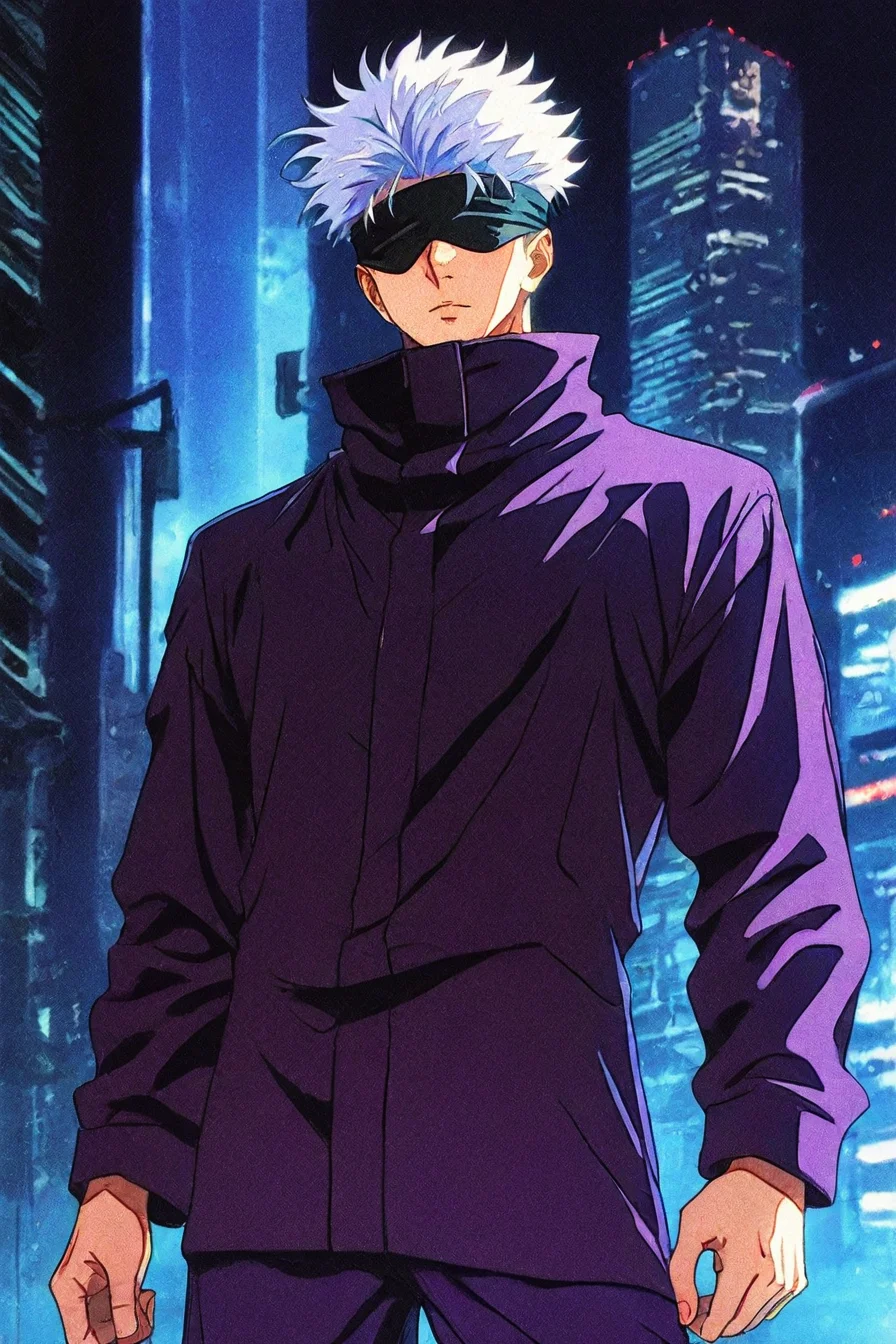 score_9, score_8_up, score_7_up, score_6_up, score_5_up, score_4_up, <lora:GojoSatoruPony:0.8> SatoruGojo, white hair, purple pants, high collar, blindfold, covered eyes, black blindfold, purple jacket, purple pants, <lora:retro_scifi_artstyle-000021:0.8>, 1boy, solo, alone, retro_artstyle, retro, cyberpunk, masterpiece, highres, cyberpunk city background