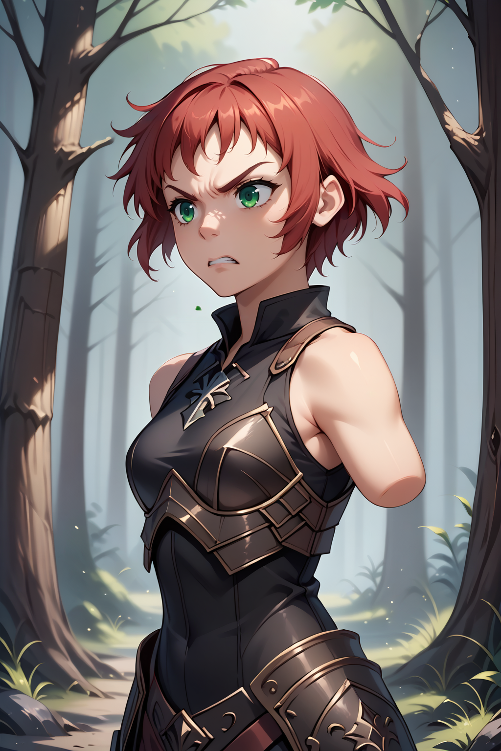 score_9, score_8_up, score_7_up, BREAK 1girl, solo, <lora:NSRinKatawa:1> NSRinKatawa, amputee, red hair, green eyes, short hair, black armor, angry, forest, sleeveless