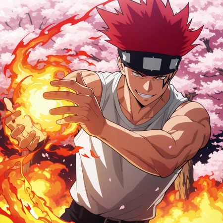 masterpiece, best quality, amazing quality, absurdres, newest, detailed background, definition so sharp, Ultra-HD, 8K cinematic, very awa, impressionate, amazing quality, highres, 
solo, male focus, manly, 
1boy, d0tb_red hair, d0tb_brown eyes, d0tb, spiked hair, facial tattoo, headband, pyrokinesis, fire magic,
dynamic pose, mid-action, playful smirk, wind blowing hair, cherry blossoms, daytime, cool colors, energetic, agile, hot-blooded, cheeky