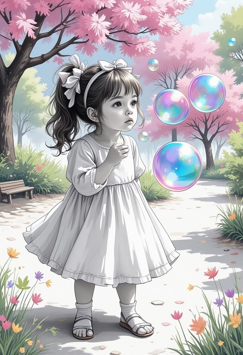 illustration, watercolor, Pastel
black and white image of a cute chibi manga girl blowing soap bubbles in a park, lots of soap bubbles are transparent and cosmic color and very colorful with many colors in very smooth gradience, image from above, focus on the soap bubbles, bold and powerful camera work