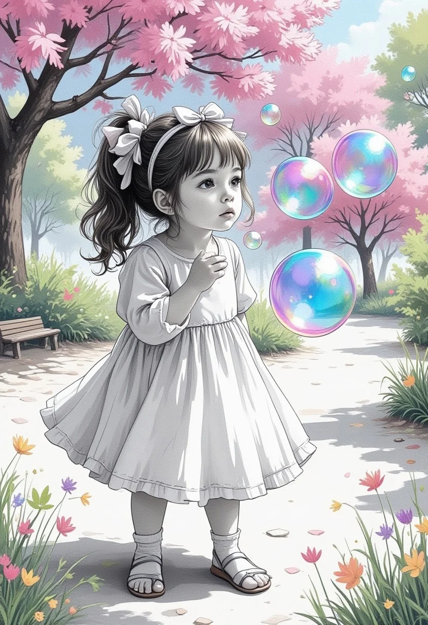 illustration, watercolor, Pastel
black and white image of a cute chibi manga girl blowing soap bubbles in a park, lots of soap bubbles are transparent and cosmic color and very colorful with many colors in very smooth gradience, image from above, focus on the soap bubbles, bold and powerful camera work