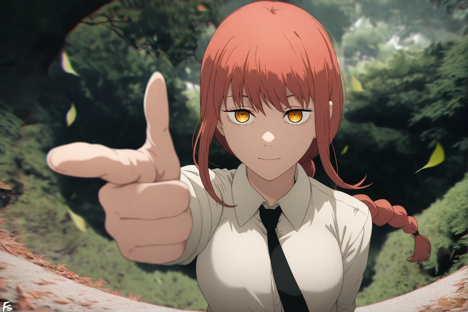 masterpiece,best quality,perspective,fisheye lens,blurry,photo background,finger gun,
1girl,solo,chromatic aberration,messy hair,white shirt,cool girl,pose,good hands,makima \(chainsaw man\),red hair,single braid,yellow eyes,
scenery,outdoors,nature,leaf,wind,masterpiece,best quality,
<lora:Chainsaw man animation style-NOOB05-lokr:0.6>,fs,