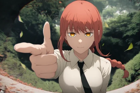 masterpiece,best quality,perspective,fisheye lens,blurry,photo background,finger gun,
1girl,solo,chromatic aberration,messy hair,white shirt,cool girl,pose,good hands,makima \(chainsaw man\),red hair,single braid,yellow eyes,
scenery,outdoors,nature,leaf,wind,masterpiece,best quality,
<lora:Chainsaw man animation style-NOOB05-lokr:0.6>,fs,
