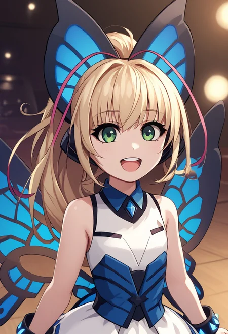 score_4,score_5,score_6,score_7_up,score_8_up,score_9
((masterpiece,best quality,ultra detailed,highres,HD,4k:1.2)),
1girl,solo,girl forcus,upper body,
long hair,blonde hair,side locks,multicolored hair,ponytail,hair ornament,butterfly hair ornament,green eyes, wings,butterfly wings,sleeveless,dress,white thighhighs,shoes,bracelet,jewelry,
Stage, idol stage,
open mouth,happy,smie,
