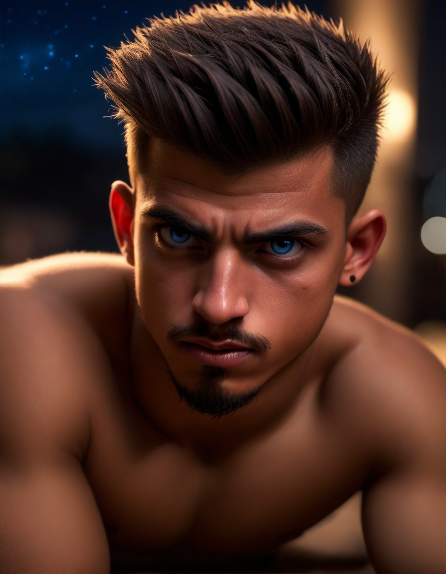 <lora:Smooth_skin_man:.5> photo of a (young)  young latino man, ((young face)), muscular, blue eyes, goatee, abs, fauxhawk, angry expression, lying back, body, huge penis and testicles, (night), looking at viewer, nude, innocent face, high detail, realistic, high detail, 8k, (Masterpiece, high quality:1.3), masterpiece, depth of field, bokeh, detailed, homoerotic, (homoerotic), highly detailed, sharp focus, intricate, smooth, elegant, fantasy, cinematic lighting, cinematic, masterpiece, matte, photorealistic, 4k, beautiful, volumetric lighting, dramatic,