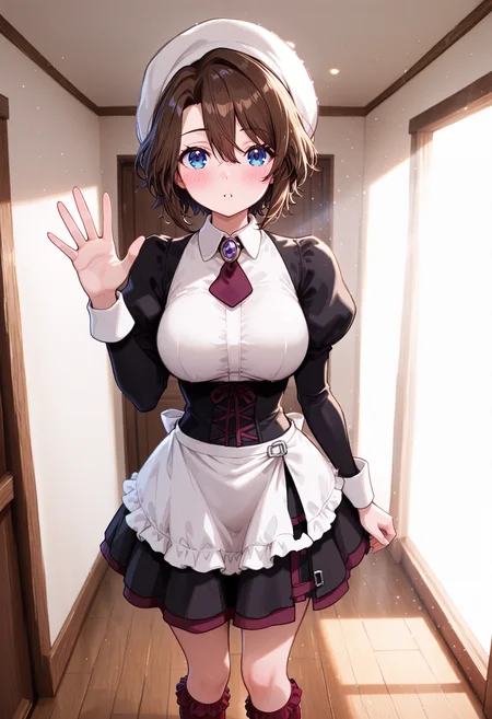 <lora:shannon.safetensors:0.85:0.85> <lora:SDXL_HandFineTuning_XL.safetensors:0.8:0.8> <lora:for_illust_spo_sdxl_10ep_4k-data_lora_webui.safetensors:0.7000000000000001:0.7000000000000001> <lora:for_illust_GBF_Illustrious.safetensors:0.4:0.4> <lora:for_illust_ponyv5_noobV065S_1_adamW-000013.safetensors:0.4:0.4> <lora:for_illust_748cmSDXL.safetensors:0.2:0.2>,perfect quality, best quality, absolutely eye-catching, cinematic, (masterpiece), (ultra-detailed), Soft lighting, very aesthetic, illustration, perfect composition, indoors, standing, waving, BREAKultra detailed face, detailed eyes, (blue eyes:1.4), detailed eyes, 1girl, blush, shannon, short hair, hair between eyes, looking at viewer,brown hair, medium breasts, big breasts, apron,beret, black shirt, black skirtfrilled apron, frilled socks, frills, hat, juliet sleeves, kneehighs, maid, necktie, puffy sleeves, purple brooch, red necktie, red socks, shirt,