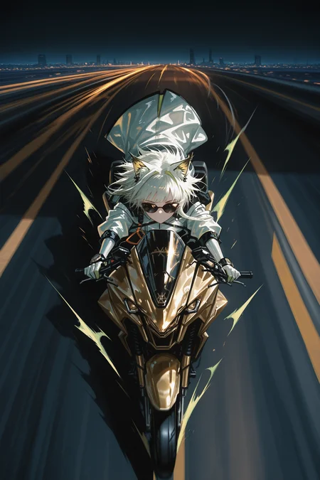 masterpiece, best quality, amazing quality, very aesthetic, absurdres, newest, From Front,symmetry,Perspective, kal'tsit (arknights),solo, (White latex catsuit), driving a motorcycle,Sunglasses, highway,motor vehicle,Golden heavy motorcycle,wind,
powerful gold motorcycle with a fairing, speed, motion blur on the background and wheels, BREAK Lean forward and stick to the motorcycle.
shadowy lighting, cinematic atmosphere,simple City Night background,Dark Theme,Dark blue night,SStrong wind blows up bangs <lora:ponyv4_noob1_2_adamW-000017:0.7000000000000001> <lora:USNR_STYLE_XL_lokr:1>