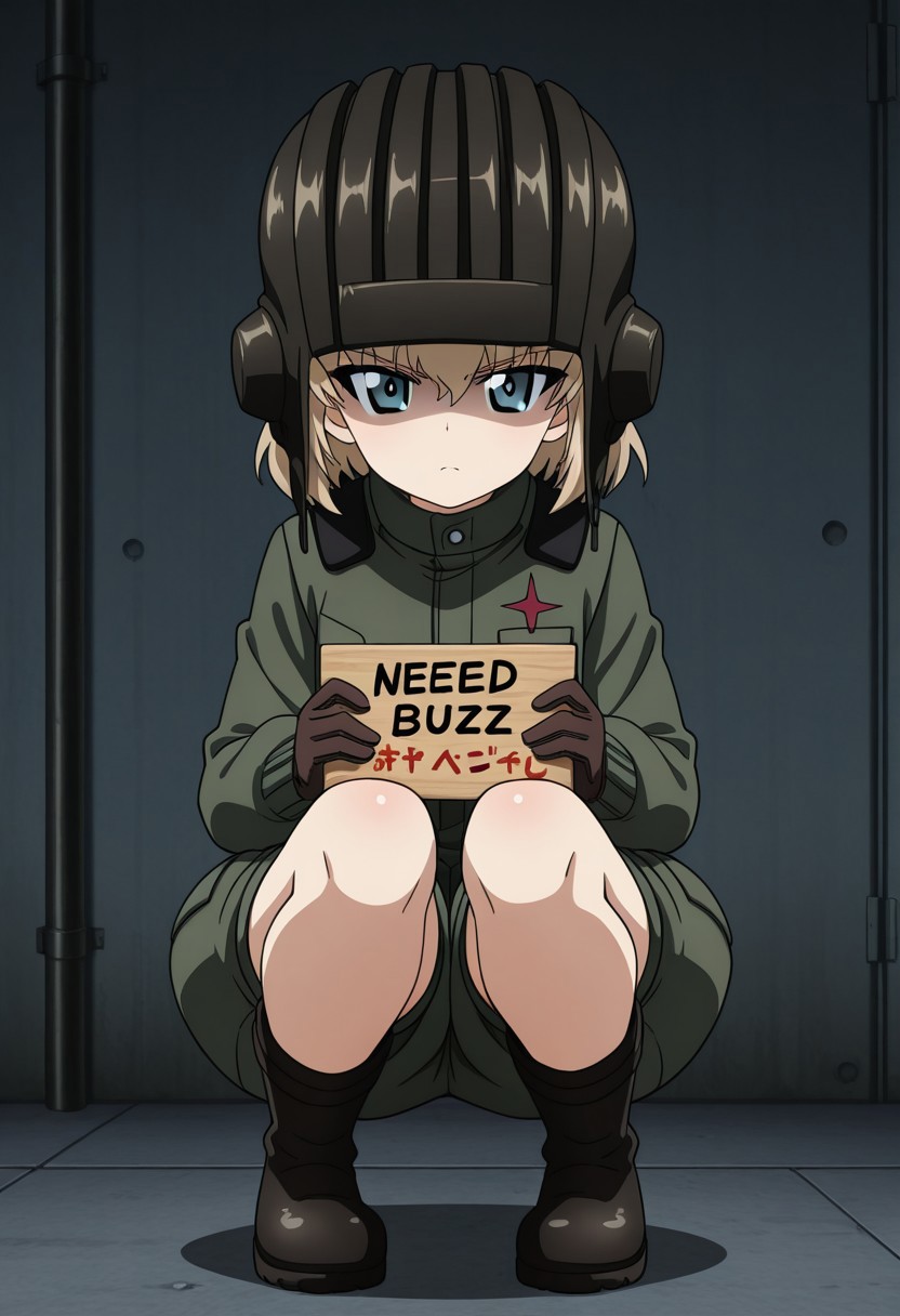 masterpiece,best quality, absurdres, highres,    <lora:katyusha illu:0.9> katyushaillu, long sleeves, pravda military uniform, short jumpsuit, helmet, brown gloves, black boots,  solo, squatting,  girls und panzer, anime screenshot,((need_buzz)), (holding sign with hand), shaded face, sign that says "I NEED BUZZ PLZ!", looking at viewer,