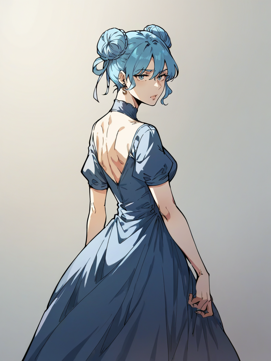 score_9, score_8_up, score_7_up, score_6_up, score_5_up, wthi, 1girl, blue hair, double bun, velvet dress,  <lora:wthiXLP2:0.8>