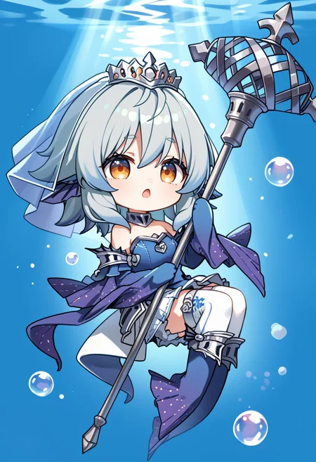 (score_9:0.9),score_8_up,score_7_up,rating_safe,anime style,(zPDXL),(zPDXL3),<lora:Tearlaments Merrli ponyXL v1.1:0.65>,tearlaments merrli, blue dress, silver tiara, blue detached sleeves, mermaid, calf fins, 1girl, solo, blue bridal veil, air bubble, full body, :o, chibi, staff, open mouth, white thighhighs, blue background, underwater