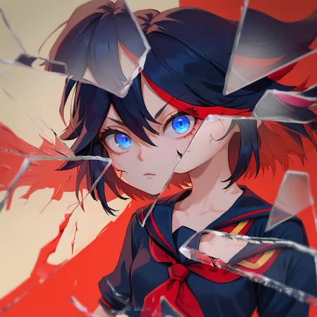 (score_9, score_8_up, score_7_up, masterpiece, best quality, extremely detailed face, perfect lighting,)1girl, solo, matoi ryuuko, black hair, red hair, streaked hair, looking at viewer, blue eyes, small breasts, school uniform, black serafuku, suspender skirt,
<lora:Matoi_RyuukoSDXL:0.9>, <lora:BreakingGlassXLPDCAME:0.8> IncrsXLBrknGls, broken glass, reflection, upper body