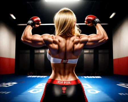 an image of a woman skilled in mixed martial arts,  showcasing her discipline and expertise in a dynamic fight scene, mma gloves, mma, mma ring, from behind, blonde hair, flexing, 
<lora:add_detail:0.2> realistic, lifelike <lora:contrast_slider_v10:2.5>, inticate detail <lora:eye_opening_v2.0:0>,  <lora:backlight_slider_v10:0.1>,  <lora:filmgrain_slider_v1:1.5> film grain <lora:Sciamano240 [MockAi - v1.0]:1> sciamano240, soft shading, detailed, semi-realistic <lora:weight_slider_v2:0.5> <lora:muscle_slider_v1:1.6> <lora:emotion_angry_slider_v1:2>