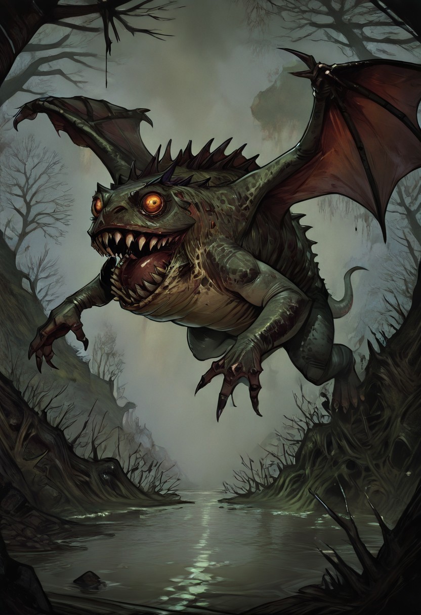 masterpiece, best quality, newest, absurdres, highres,  
TTCSV1.0, cherry-gig, 
Droad-V1.0, dragon, toad, frog, monster, no humans, animal focus, teeth, sharp teeth, claws, roar, open mouth, sharp claws, horror (theme), dark fantasy, swamp, wings, flying,