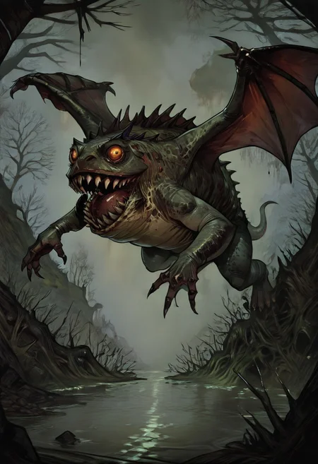 masterpiece, best quality, newest, absurdres, highres,
TTCSV1.0, cherry-gig,
Droad-V1.0, dragon, toad, frog, monster, no humans, animal focus, teeth, sharp teeth, claws, roar, open mouth, sharp claws, horror (theme), dark fantasy, swamp, wings, flying,