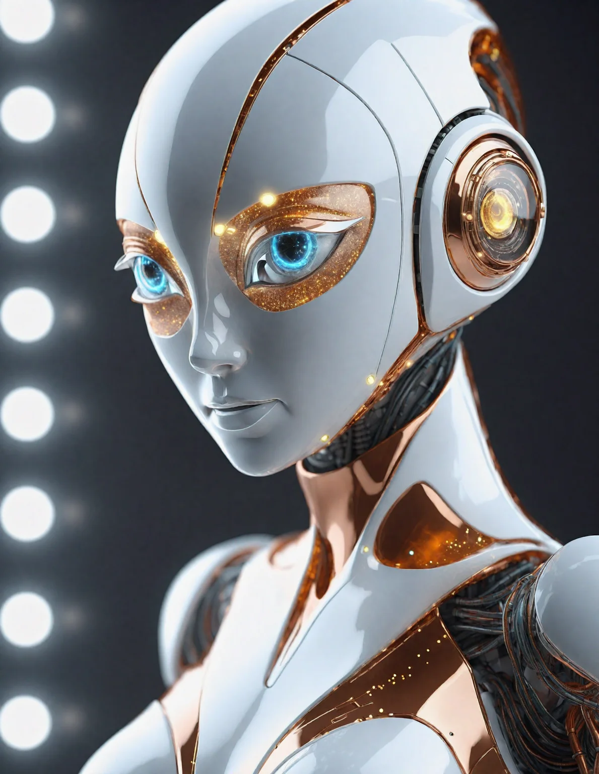 Space-themed A super genius robot with a bad attitude, Made of futuristic materials with reflective textures), (sarcastic smile:0.3) very smart, human like eyes, [white, silver, mixed color accents], [tiny led lights set beneath translucent chassis sections] hyper realistic, real plastic textures, (scuffs, scratches, [[cracks]] on plastics), detailed camera like eyes made of an amber glass like material. sleek curved lines, year 3000 technology, [copper circuit lines], (an ambient occlusion render:1.1)., A professional photograph of a beautiful, sex . Cosmic, celestial, stars, galaxies, nebulas, planets, science fiction, highly detailed