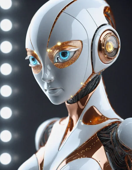 Space-themed A super genius robot with a bad attitude, Made of futuristic materials with reflective textures), (sarcastic smile:0.3) very smart, human like eyes, [white, silver, mixed color accents], [tiny led lights set beneath translucent chassis sections] hyper realistic, real plastic textures, (scuffs, scratches, [[cracks]] on plastics), detailed camera like eyes made of an amber glass like material. sleek curved lines, year 3000 technology, [copper circuit lines], (an ambient occlusion render:1.1)., A professional photograph of a beautiful, sex . Cosmic, celestial, stars, galaxies, nebulas, planets, science fiction, highly detailed