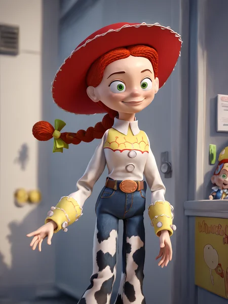 score_9, score_8_up, score_7_up,  score_6_up, BREAK, ToyJessie, 1girl, solo, green eyes, red hair, braid, bow, closed mouth, smile, cowboy hat, shirt, belt, boots, jeans, <lora:Jessie-000009:1>