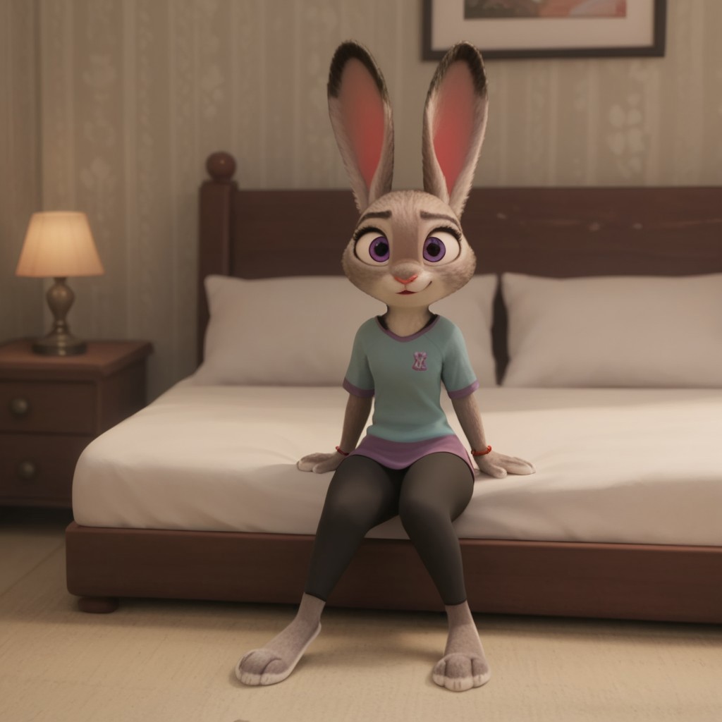 score_9, score_8_up, score_7_up, score_6_up, score_5_up, score_4_up, source_furry, hoppsJudyzt, anthro, female, bunny, grey fur, purple eyes, rabbit ears, rabbit tail, rabbit girl, teal shirt, short sleeves, black leggings, bracelet, sitting on bed, inside, bedroom,