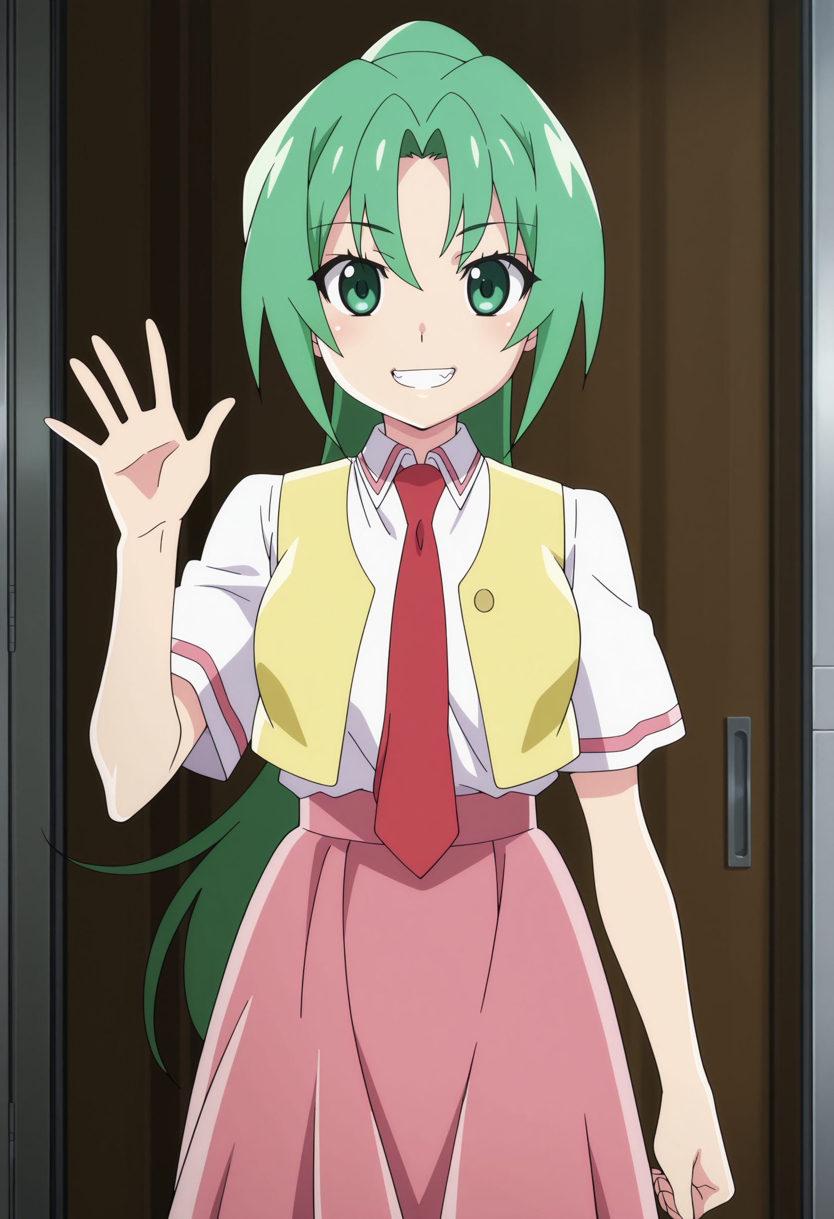 anime screencap, anime coloring, detailed face, perfect fingers, masterpiece, best quality, very aesthetic, absurdres, volumetric lighting,
 <lora:Mion_Sonozaki_Higurashi_When_They_Cry_-_Gou_and_Sotsu:1>
Mion school uniform (outfit), Mion Sonozaki (character), 1girl, long skirt, necktie, solo, sonozaki mion, skirt, green hair, long hair, yellow vest, red necktie, green eyes, shirt, pink skirt, ponytail, white shirt, cowboy shot, looking at the viewer, grin, open mouth, waving to the viewer, defined fingers