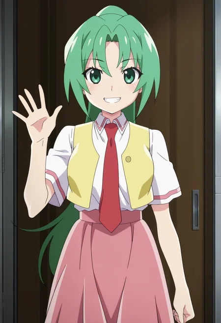 anime screencap, anime coloring, detailed face, perfect fingers, masterpiece, best quality, very aesthetic, absurdres, volumetric lighting,
<lora:Mion_Sonozaki_Higurashi_When_They_Cry_-_Gou_and_Sotsu:1>
Mion school uniform (outfit), Mion Sonozaki (character), 1girl, long skirt, necktie, solo, sonozaki mion, skirt, green hair, long hair, yellow vest, red necktie, green eyes, shirt, pink skirt, ponytail, white shirt, cowboy shot, looking at the viewer, grin, open mouth, waving to the viewer, defined fingers