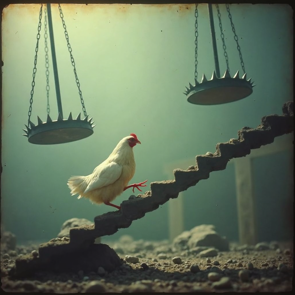 (analog grainy film still taken on polaroid film, vhs footage low quality, Analog distortion effect, Retro video quality) 

A brave chicken cautiously steps along a narrow, wobbly perch, its tiny feet balancing precariously. Surrounding it are gigantic, spiked pendulums swinging ominously, each arc threatening to crush anything in their path. Below, sharp spikes jut out from the ground, glinting in the light, creating a lethal trap for any misstep. The atmosphere is tense, filled with the chilling sound of creaking metal as the pendulums sway dangerously close, heightening the sense of imminent peril for the unsuspecting chicken.

(analog grainy film still taken on polaroid film, vhs footage low quality, Analog distortion effect, Retro video quality) 