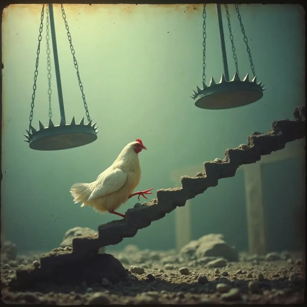 (analog grainy film still taken on polaroid film, vhs footage low quality, Analog distortion effect, Retro video quality)
A brave chicken cautiously steps along a narrow, wobbly perch, its tiny feet balancing precariously. Surrounding it are gigantic, spiked pendulums swinging ominously, each arc threatening to crush anything in their path. Below, sharp spikes jut out from the ground, glinting in the light, creating a lethal trap for any misstep. The atmosphere is tense, filled with the chilling sound of creaking metal as the pendulums sway dangerously close, heightening the sense of imminent peril for the unsuspecting chicken.
(analog grainy film still taken on polaroid film, vhs footage low quality, Analog distortion effect, Retro video quality)