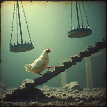 (analog grainy film still taken on polaroid film, vhs footage low quality, Analog distortion effect, Retro video quality) 

A brave chicken cautiously steps along a narrow, wobbly perch, its tiny feet balancing precariously. Surrounding it are gigantic, spiked pendulums swinging ominously, each arc threatening to crush anything in their path. Below, sharp spikes jut out from the ground, glinting in the light, creating a lethal trap for any misstep. The atmosphere is tense, filled with the chilling sound of creaking metal as the pendulums sway dangerously close, heightening the sense of imminent peril for the unsuspecting chicken.

(analog grainy film still taken on polaroid film, vhs footage low quality, Analog distortion effect, Retro video quality) 