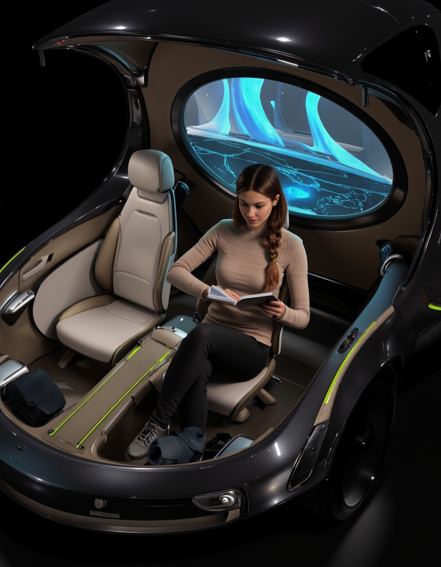Art by Andrian Luchian. A photo-realistic rendering from a bird's-eye view about a futuristic car interior with a woman sitting in the driver's seat, reading a book. the image also shows a woman with long brown hair, wearing a beige sweater and black pants, seated in the middle of the image, looking down at her tablet. she appears to be in her mid-twenties, with a slim body and a relaxed expression. the car has a sleek, modern design with a black exterior and a large, circular window that allows a blue flame to be seen. the interior of the car is luxurious, with beige leather seats and a green stripe running along the center console. the woman is holding a tablet in her hands, and her hair is styled in a long, loose braid. the lighting is dim, creating a moody atmosphere, and the overall design is minimalistic with a focus on technology and design.