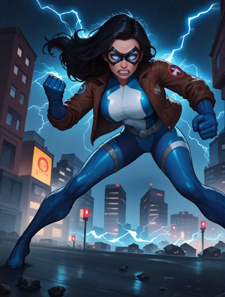 score_9, score_8_up, score_7_up,score_6_up, score_5_up, score_4_up , 1girl, solo,
large breasts,
dreamerdg,
long hair, black hair,
blue bodysuit, blue gloves, superhero, domino mask,
glowing eyes, blue eyes, lightning glare,
clenched teeth,
fighting stance, leaning forward, clenched hands,
full body,
from below,
electricity, aura,
city, night, rain, storm, debris, city lights,
bomber jacket, brown jacket,
<lora:Dreamer DG PonyXL V1-000002:1>