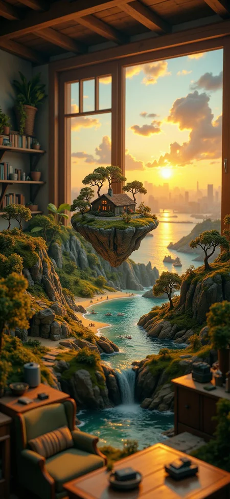 (indoor,very wide isometric view,tilt-shift lens:1.6), (windowless,fna_style,miniature,miniature,diorama,miniature,diorama,PVC,plastic:2),sunset jungle,beach,1910s village with car  at (floating island,levitating  island:1.5) on (table:2) at (attic:2.5)   <lora:Diorama_Flux:1>
 <lora:Fantasy_Novel_Art_Style:1>