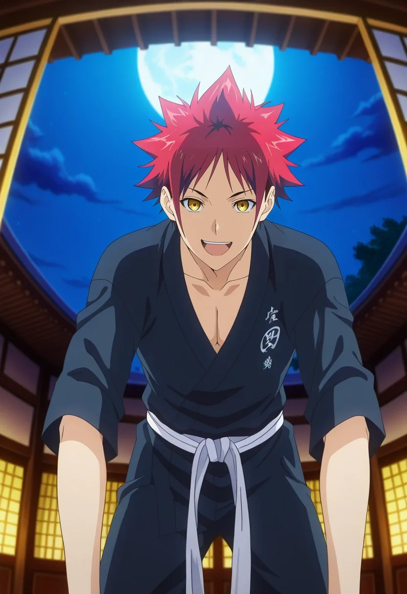 masterpiece, best quality, intricate details, anime screencap, anime coloring, official style, looking at viewer, 1boy, solo, male focus, <lora:souma_yukihira_ilxl:0.96>, souma_yukihira, red hair, yellow eyes, spiked hair, , wide angle, wide shot, cowboy shot, dojo, night, full moon, leaning forward, laughing,