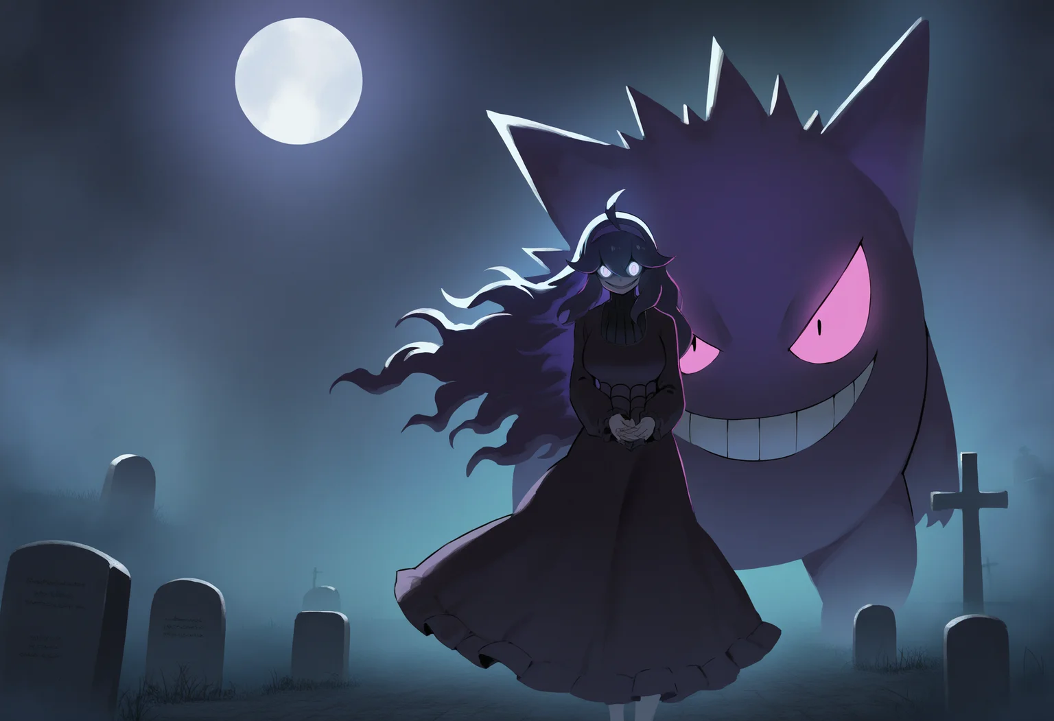 astero, scenery, pokemon \(creature\),
masterpiece,best quality,very aesthetic,newest,
gengar,
1girl,
hex maniac,
purple hair, floating hair,
dress, large breasts, glowing eyes, evil smile,
night, dark, moon, tombstone, cemetery, fog, dark <lora:AsteroIllustriousXL_byKonan:1>