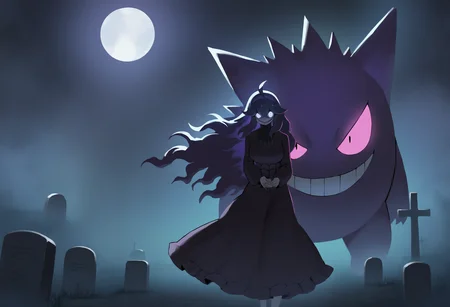 astero, scenery, pokemon \(creature\),
masterpiece,best quality,very aesthetic,newest,
gengar,
1girl,
hex maniac,
purple hair, floating hair,
dress, large breasts, glowing eyes, evil smile,
night, dark, moon, tombstone, cemetery, fog, dark <lora:AsteroIllustriousXL_byKonan:1>
