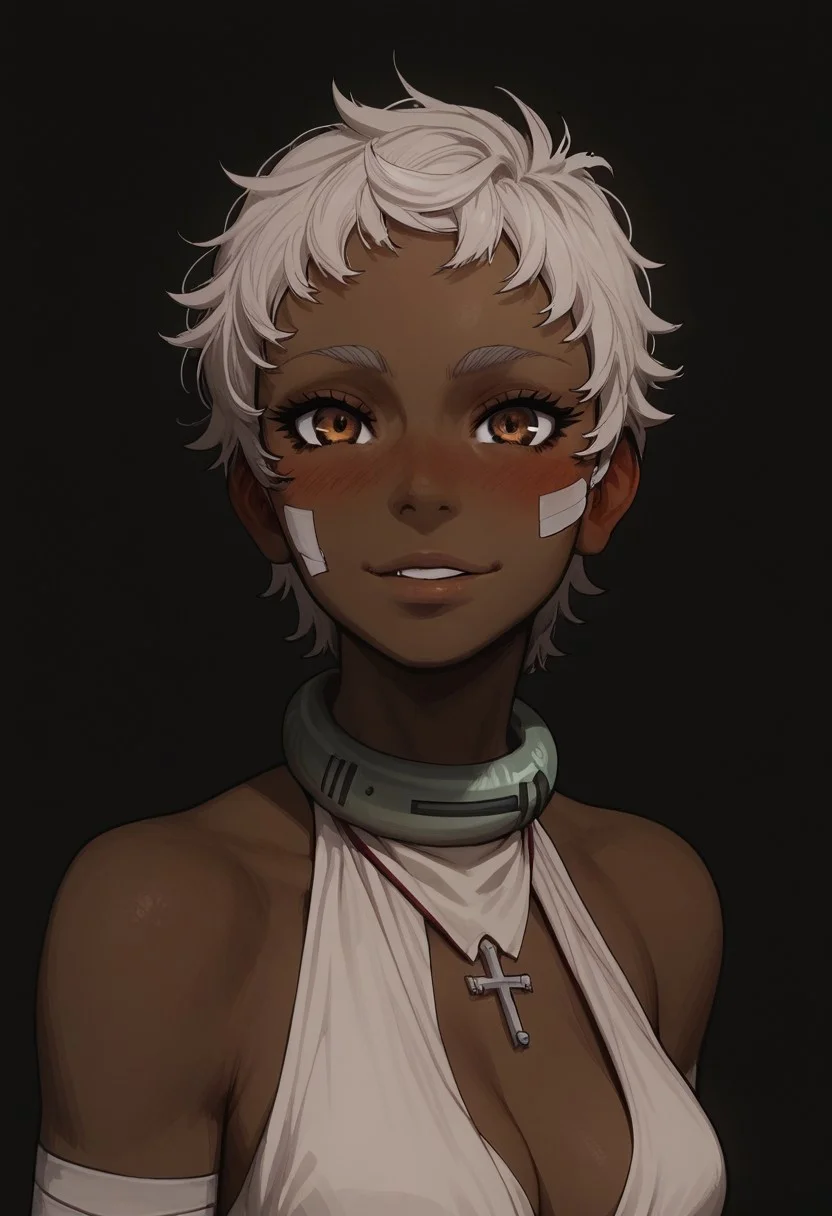 score_9, score_8_up, score_8. score_9, score_8_up, score_7_up, score_6_up, masterpiece, 4k, high quality, (best quality:1.1), ExpressiveH,(close up)
1girl, karako koshio, short hair, white hair, dark skin, bandages,, dark-skinned female, brown eyes, medium breasts, blushing,looking at viewer, seductive smile, g0dd3ss, white dress, cleavage
black background