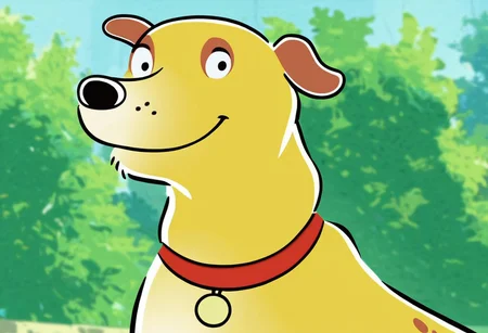 score_9, score_8_up, score_7_up, solo, looking at viewer, mrthaspks, dog, yellow fur, brown ears, black nose, red collar, canine, feral, black eyes, round eyes, laughing, smiling, waist up, side angle, soft shading
BREAK
park, blue sky, blurry background
