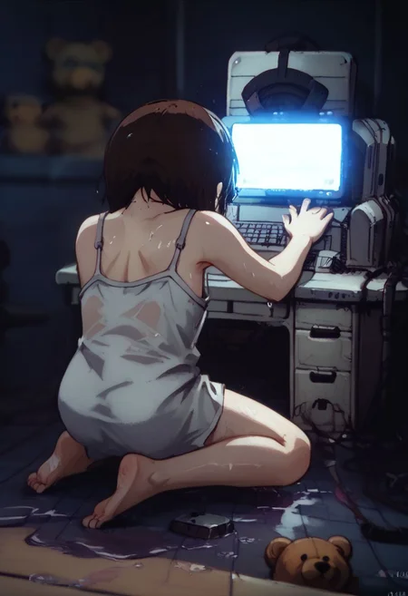 score_9, score_8_up, score_7_up, score_6, source_anime, lain, kneeling, chibi, white camisole, lying back on chair, watching computer screen, computer screen displaying lain, dark computer room, watercooling systems, computer screens, computer room, computers, computer cables, networl cableslain's bedroom, ((low light, pitch dark)), dark night, dark ambiance, (((puddles, wet floor))), night, teddy bears background