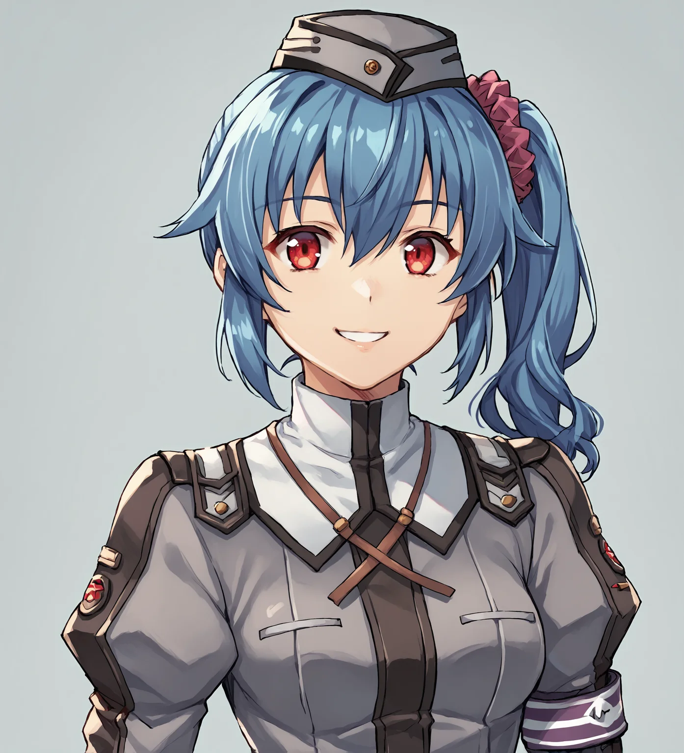 score_9, score_8_up, score_7_up, score_6_up, score_5_up, score_4_up, BREAK source_anime,
<lora:TrailsOfColdSteel-Erebonians:0.9>, clairermp,  blue hair, side ponytail, scrunchie, red eyes, medium breasts,  garrison cap, grey headwear, grey military uniform, grey pants, purple belt, brown boots,
miyuki_\(miyuki0529\),
looking at viewer, happy, smile,  upper body, portrait,
simple background,