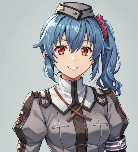 score_9, score_8_up, score_7_up, score_6_up, score_5_up, score_4_up, BREAK source_anime,
<lora:TrailsOfColdSteel-Erebonians:0.9>, clairermp, blue hair, side ponytail, scrunchie, red eyes, medium breasts, garrison cap, grey headwear, grey military uniform, grey pants, purple belt, brown boots,
miyuki_\(miyuki0529\),
looking at viewer, happy, smile, upper body, portrait,
simple background,
