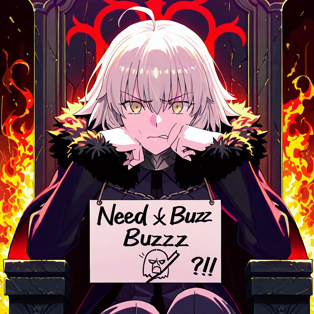 Master Quality, best quality, 1 girl, Fate Grand Oder, Jeanne Alter, frowning, disgusted look, looking at viewer, sitting on throne, cheek resting on hand, leaning on arm rest, holding sign, Text: "I Need Buzz", Need Buzz, detailed background, burning city background