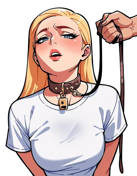 score_9, score_8_up, score_7_up, score_6_up, score_5_up, score_4_up, source_anime, flat color, smouth outline, lineart, white background, a beautiful woman, the viewer is holding her on a leash, blonde hair, leather collar, padlock, leather leash, submissive, white shirt, bend over, 1boy