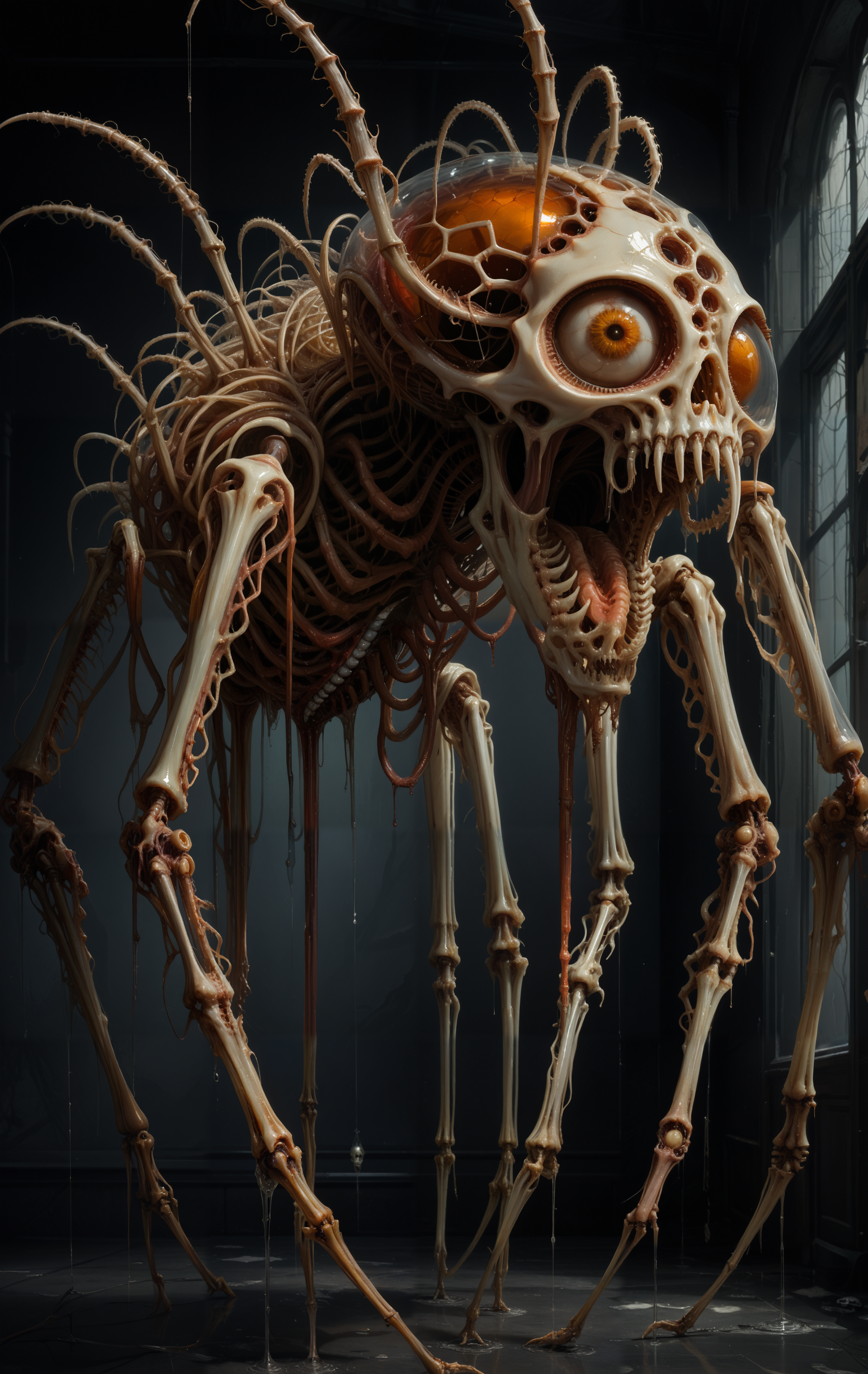 score_9, score_8_up, score_7_up, score_6_up, SV,
highly detailed CGI artwork, grotesque spider-like creature, dark industrial setting,
elongated segmented body, bulbous honeycomb-like structures, skeletal insectoid appearance,
pale off-white translucent skin, revealing hollow structure beneath,
elongated head, gaping mouth with sharp jagged teeth, large black pupil-less eyes,
eight long spindly legs, sharp clawed feet, bony textured limbs, part organic part mechanical,
dripping viscous slime, hanging strings of ooze, eerie grotesque atmosphere.
