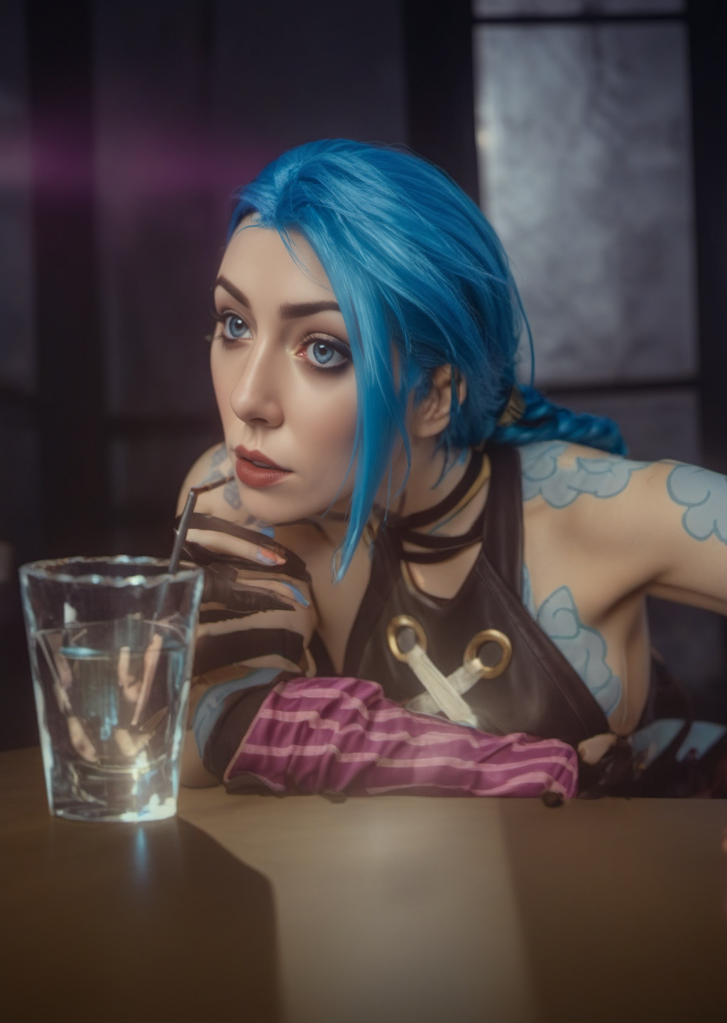 cinematic photo a woman with blue hair laying on a table next to a glass of liquid  <lora:Jinx1024-000260:0.8> . 35mm photograph, film, bokeh, professional, 4k, highly detailed