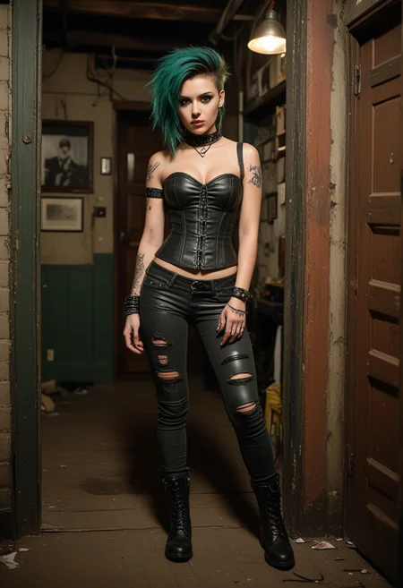 ((fashion photography)), perfect face, perfect eyes, (medium full shot) of  (esthetic punk) young woman, mexican, brown eyes, medium skin tone, curvy, wearing a black leather corset,torn skinny jeans,lace-up combat boots, deep shade of forest green hair sleek undercut, labret piercing, smudged eyeliner,spiked bracelets, set in  a grungy basement venue, accessed through a narrow staircase hidden behind an unassuming door, The low ceiling and cramped quarters create an intimate setting for punk performances, where the music reverberates off the walls and shakes the floorboards, at night, laughing, jumping in the air, masterpiece, best quality, photorealistic, very aesthetic