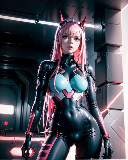(<lora:Zero_Two_Darling:0.8> Zero_Two_Darling, bodysuit, :1.2), (full length 24 years old adult woman medium bosom:1.1), (Zero Two from Darling in the Franxx), neon pink hair, teal blue eyes, futuristic, metallic horns, cyberpunk, a post-apocalyptic world where technology is banned (Zero Two from Darling in the Franxx style of Sølve Sundsbø), vibrant pink hair, teal blue eyes, flowing abstract neon lights, futuristic translucent dress, glowing white horns, serene thoughtful expression, soft glowing atmosphere, modernist sci-fi interior, illuminated holographic orbs