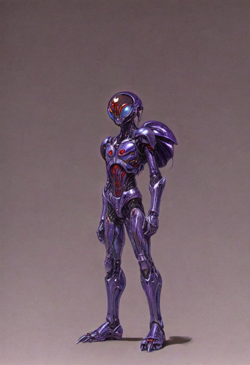 a realistic, detailed full-body 3D model of a slim humanoid bug hero inspired by classic Kamen Rider. The character resembles a human fly, with large, textured red compound eyes and black antennae that curve backward, giving a sense of motion. His chest armor is a vibrant purple, segmented to emphasize musculature, with black accents. Angular purple shoulder plates add a heroic silhouette. He wears a utility belt with a central buckle featuring a red gem. The arms and legs are covered in purple and black segmented armor for an exoskeletal look, with knee guards and forearm plates. head to toe, concept art by syd mead, retro futuristic, flat colors Comic panel illustration, akira style, Character Design page, alienzkin