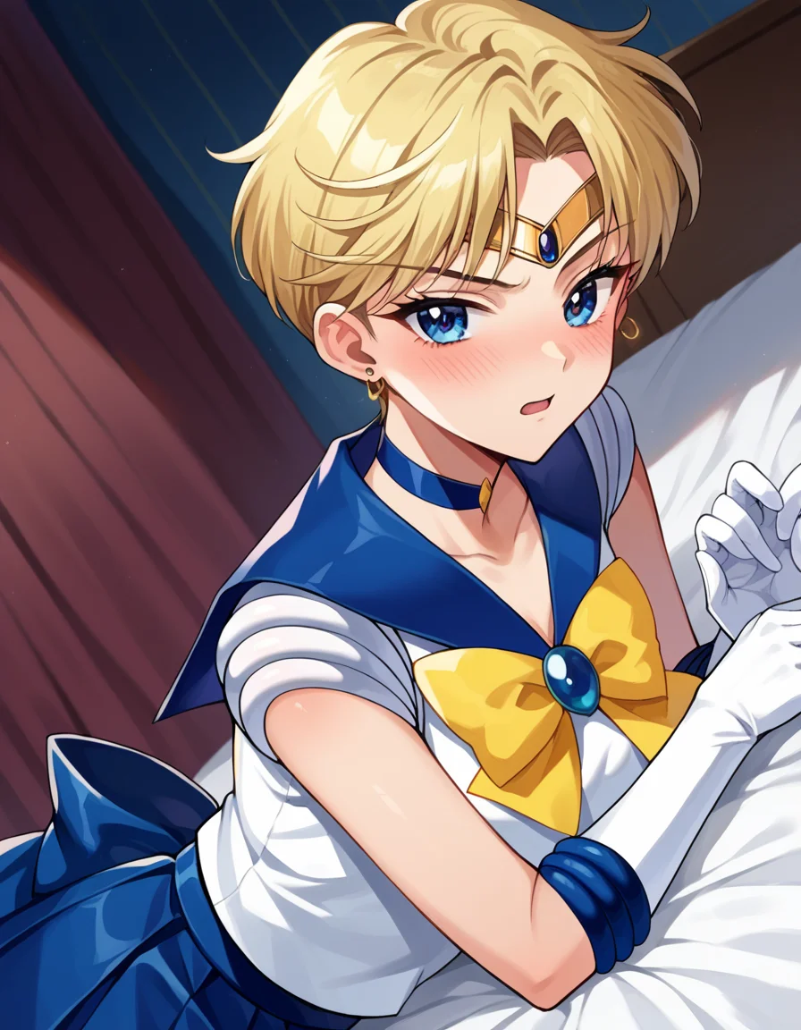 score_9, score_8_up, score_7_up, source_anime,
sailoruranus, <lora:sailor-uranus-ponyxl-lora-nochekaiser:1>
sailor uranus, blonde hair, blue eyes, parted bangs, short hair, very short hair,
back bow, blue bow, blue choker, blue gemstone, blue sailor collar, blue skirt, bow, bowtie, choker, circlet, earrings, elbow gloves, gem, gloves, jewelry, miniskirt, pleated skirt, sailor collar, shirt, short sleeves, skirt, white gloves, white shirt, yellow bow, yellow bowtie,
indoors, bed, bed room, on side, blush, drunk,
looking at viewer, cowboy shot, dutch angle,