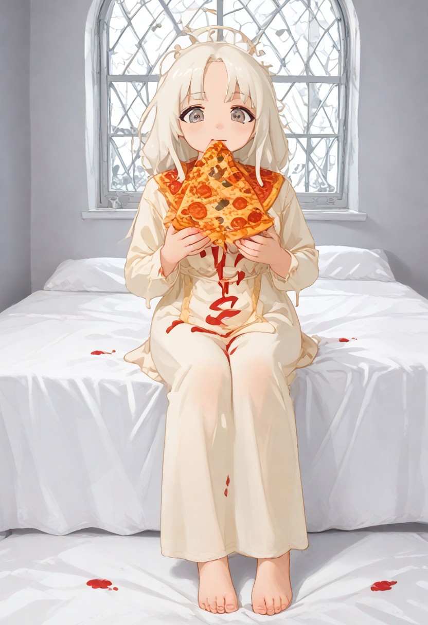 red slime girl ((eating pizza)) pizzasdx, looking at viewer (pizza melting:1.5) medieval bedroom background, masterpiece, full body sitting on bed, white bed, bed, white sheets, window, good light, perfect hands, good hands (hands on pizza) pizza
