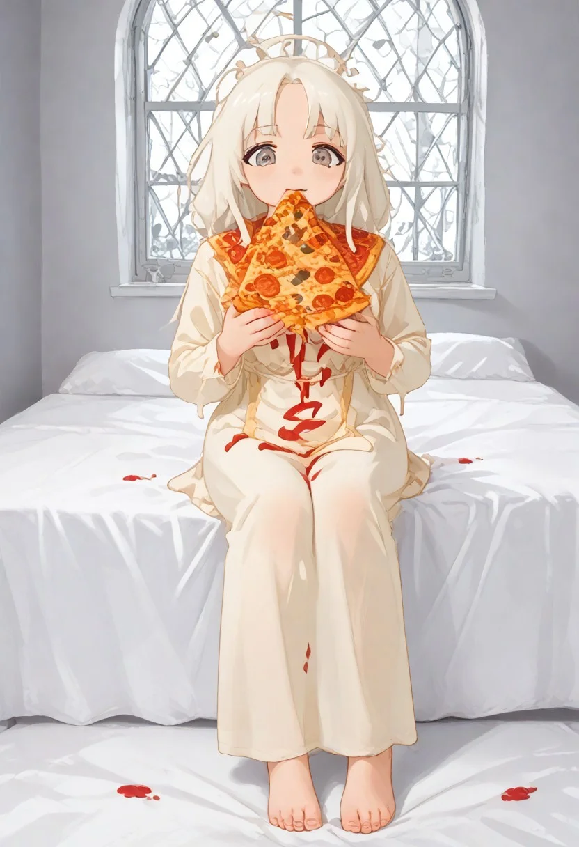 red slime girl ((eating pizza)) pizzasdx, looking at viewer (pizza melting:1.5) medieval bedroom background, masterpiece, full body sitting on bed, white bed, bed, white sheets, window, good light, perfect hands, good hands (hands on pizza) pizza