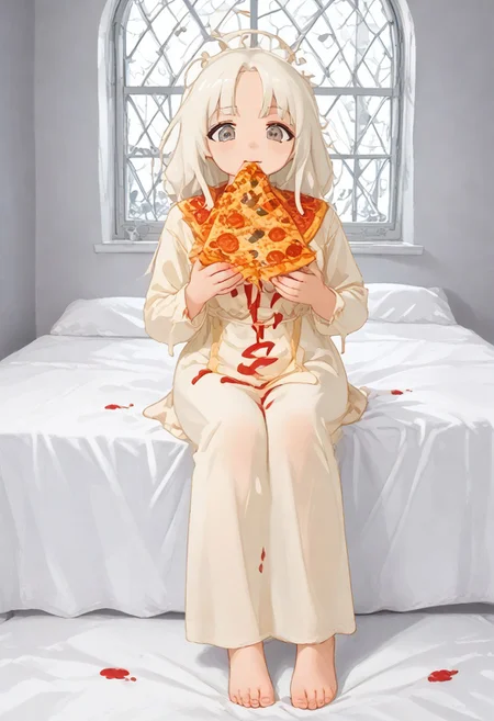 red slime girl ((eating pizza)) pizzasdx, looking at viewer (pizza melting:1.5) medieval bedroom background, masterpiece, full body sitting on bed, white bed, bed, white sheets, window, good light, perfect hands, good hands (hands on pizza) pizza